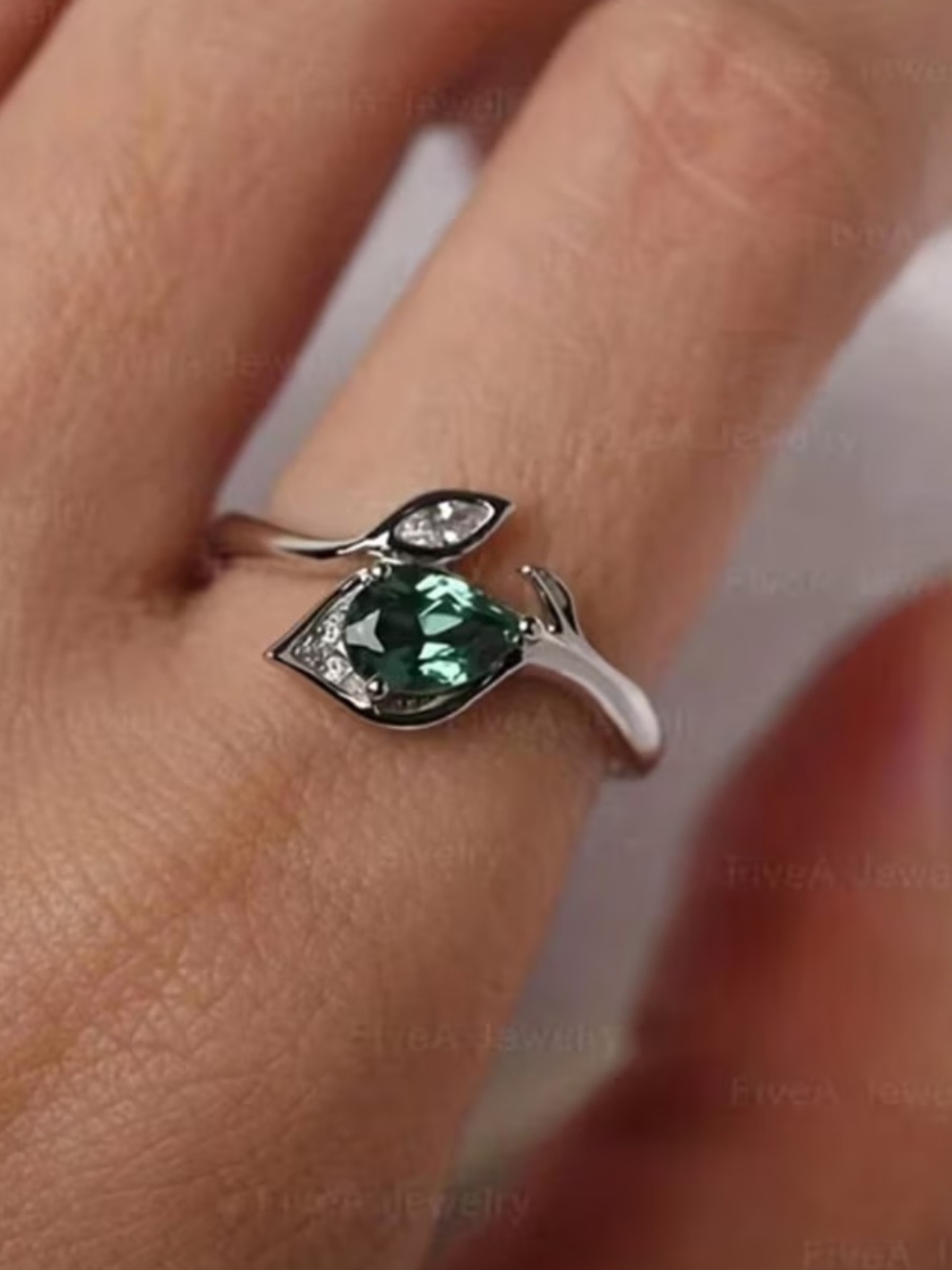 Silver Ring with Green Teardrop Stone and Clear Accent - Picture 3 of 4